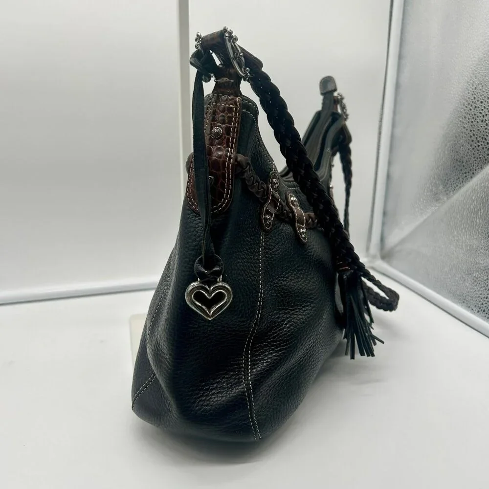Brighton Leather Woven Tassel Shoulder Bag Black Brown Rectangle Pockets Zipper‎